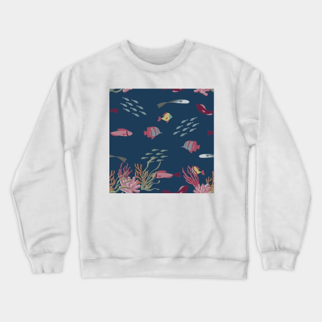 Fish, Coral, and Seaweed on Navy Condensed Crewneck Sweatshirt by A2Gretchen